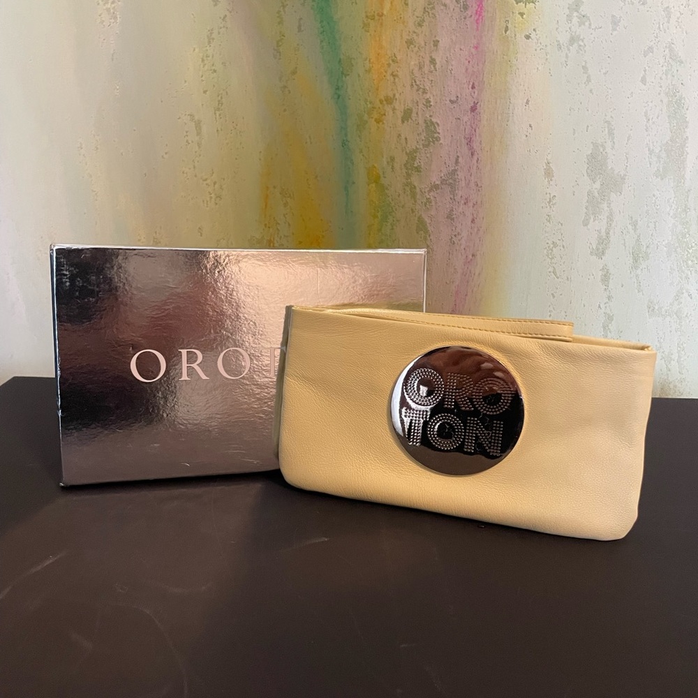 Oroton yellow  and lavander leather wristlet